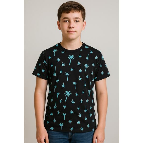 Hybrid Boys’ Palm Tree Graphic T-Shirt – Black with Aqua Blue Print, Size XL - Picture 1 of 5